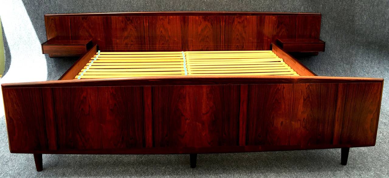 Mid-Century Modern Large Danish Rosewood Bed with Integral Bedsides
