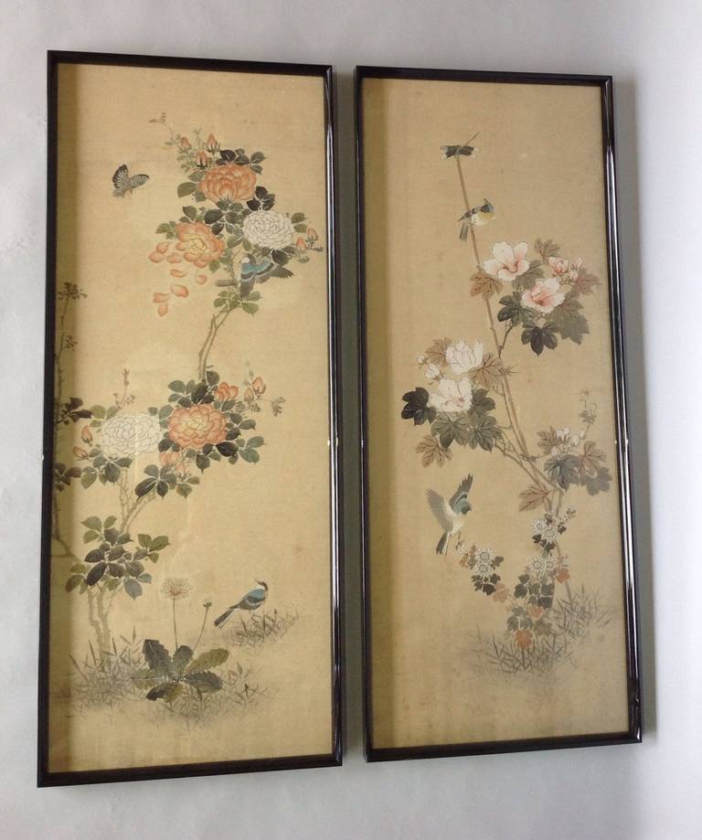 These are a set of four although one pair is marginally smaller than the other.
FOR SALE IN PAIRS or as a set of FOUR
The panels depicting birds and butterflies in floral branches are beautifully executed and remain in very good over all condition