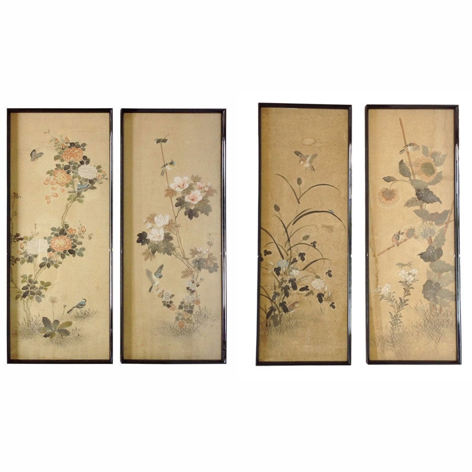 Two pairs of 19th century Chinese wall hangings on silk at 1stDibs