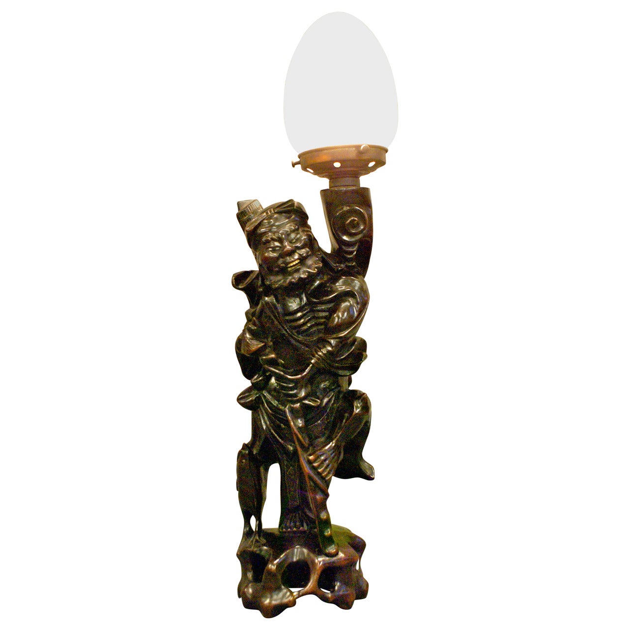 A 19th century Japanese carved wooden figure/lamp For Sale