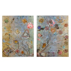 Vintage Pair of Unframed Oil and Collage 'The Lord is my Flower' by Stephen Friend