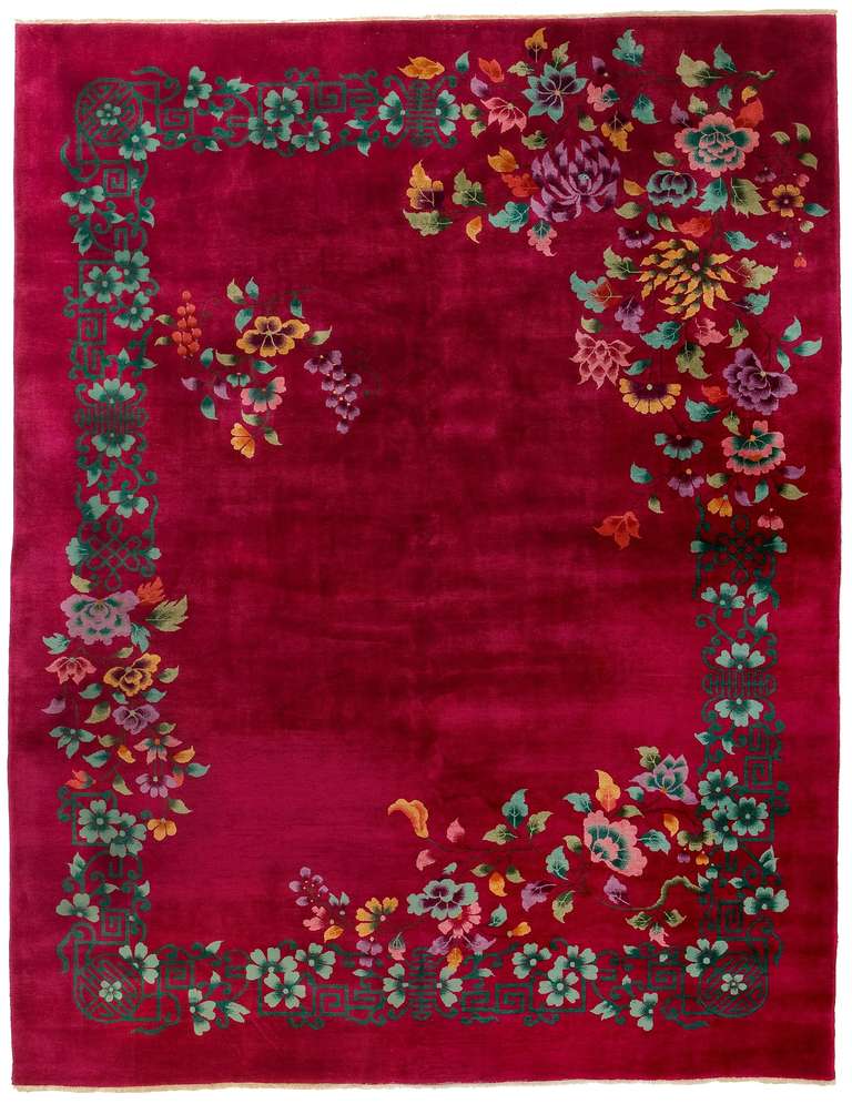 This vintage 1930’s Chinese art deco carpet was designed by Walter Nichols was mainly during the 1920's to 1930's. These carpets were woven with solid quality wool pile and cotton foundation. The unusual particular about these carpets, outside their