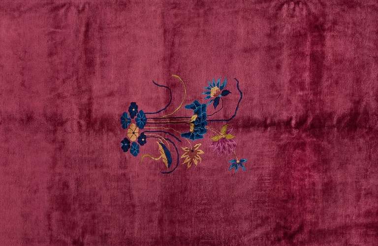 Hand-Knotted Walter Nichols Art Deco Plum Wool Chinese Rug, 1930s