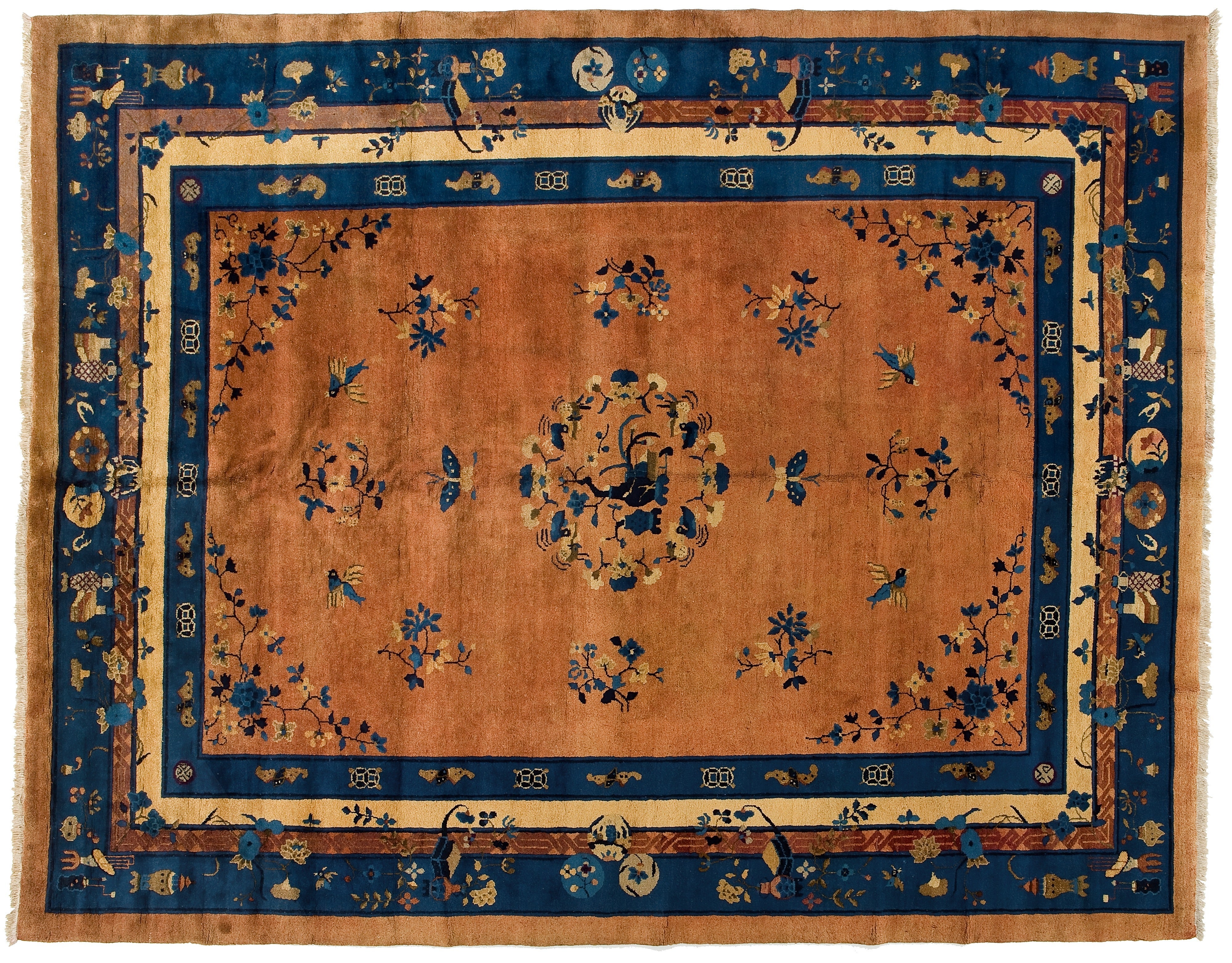 Walter Nichols Art Deco Beige and Blue Wool and Cotton Chinese Rug, 1930 For Sale
