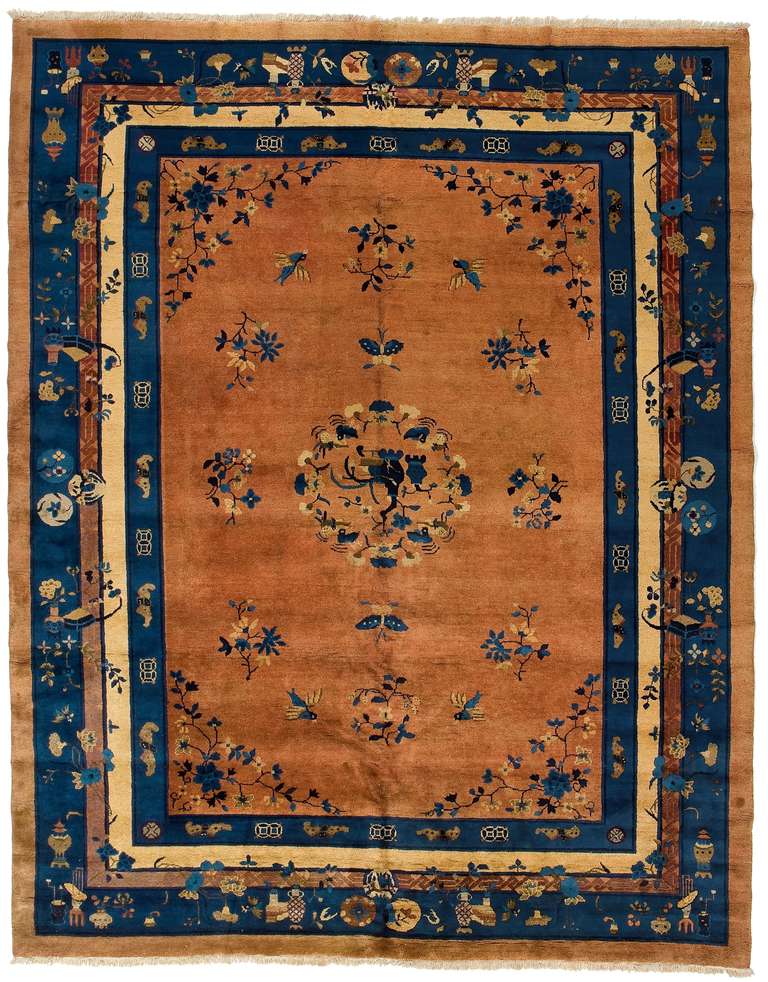 This vintage 1930’s Chinese art deco carpet was designed by Walter Nichols was mainly during the 1920's to 1930's. These carpets were woven with solid quality wool pile and cotton foundation. The unusual particular about these carpets, outside their