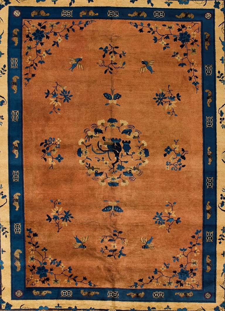 Hand-Knotted Walter Nichols Art Deco Beige and Blue Wool and Cotton Chinese Rug, 1930 For Sale