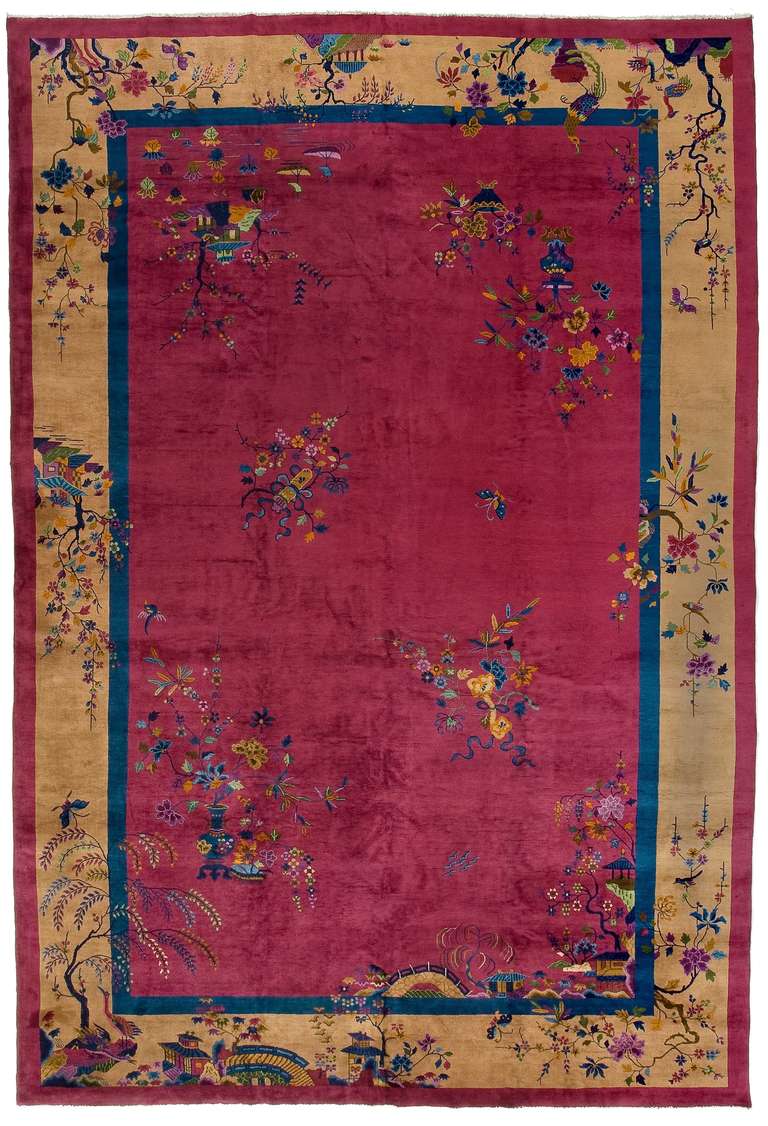 This vintage 1930s Chinese Art Deco carpet was designed by Walter Nichols was mainly during the 1920s-1930s. These carpets were woven with solid quality wool pile and cotton foundation. The unusual particular about these carpets, outside their Art