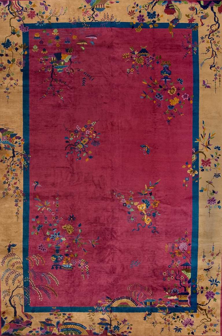 Hand-Knotted Walter Nichols Art Deco Red Wool and Cotton Chinese Rug, 1930s For Sale