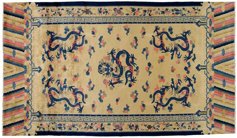 Art Deco Chinese rugs were produced from the 1910s to the 1940s. Prior to the 1920s, during the experimental stages of production, the design and color remained similar to classical antique Chinese Rugs. After the 1920s began the experimentation
