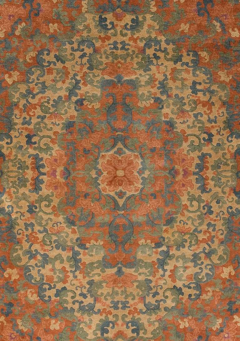 This vintage 1930s Chinese Art Deco carpet was designed by Walter Nichols was mainly during the 1920s to 1930s. These carpets were woven with solid quality wool pile and cotton foundation. The unusual particular about these carpets, outside their