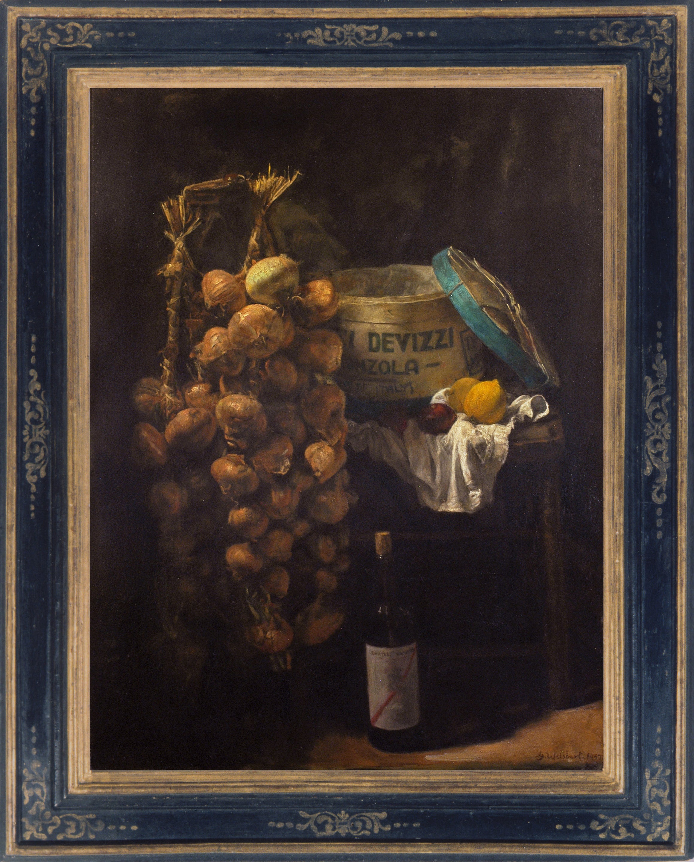 Still life with onion plaits, wooden cheese box, fruit & a bottle  For Sale