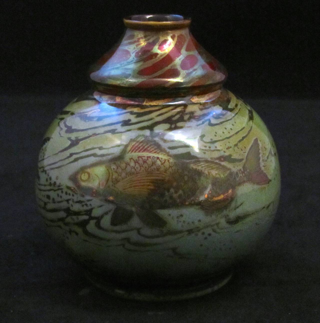 Pilkington's Lustre Vase of Double Gourd Form decorated with Fish by Richard Joyce