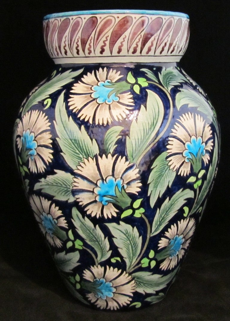 William De Morgan Substantial Vase in Persian Colourway decorated with Carnations. Unmarked. Hole to base filled at the time of manufacture. Ex Harriman Judd. 