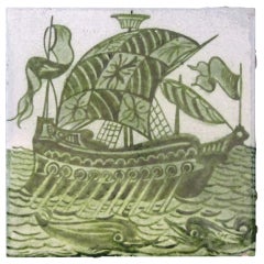 William De Morgan tile decorated with a Galleon at Sail and Fish