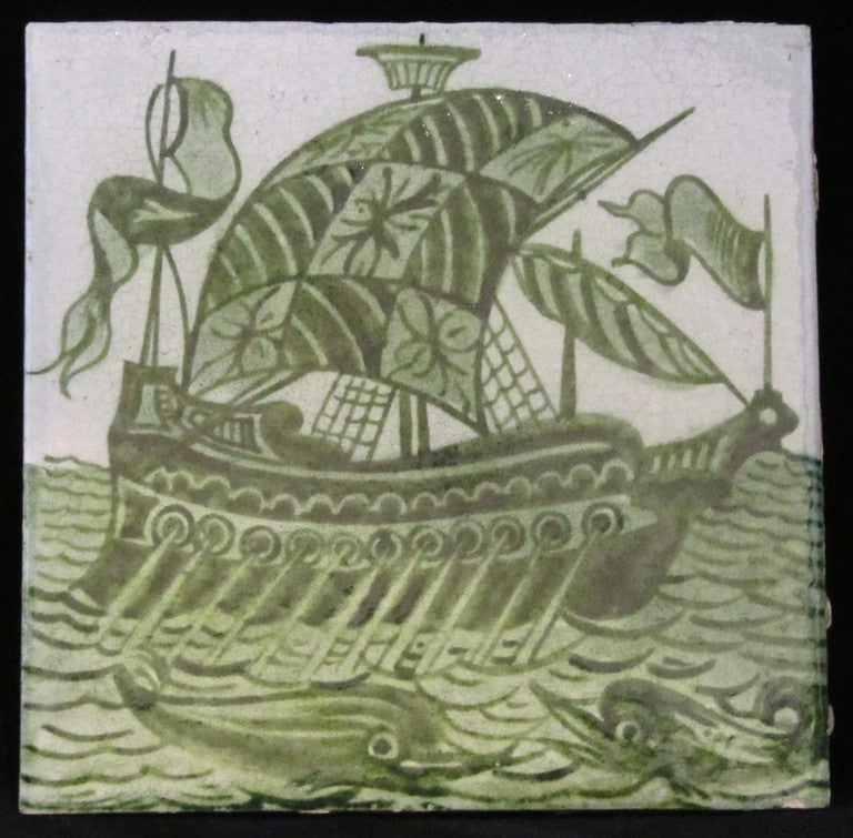 William De Morgan tile decorated with a Galleon at Sail and Fish