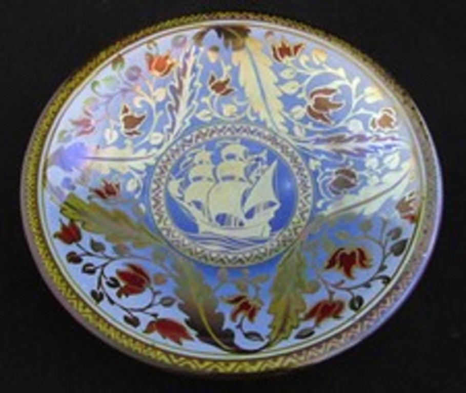 Pilkington's Lustre Dish decorated with a Galleon and Stylised Flowers by William Mycock
