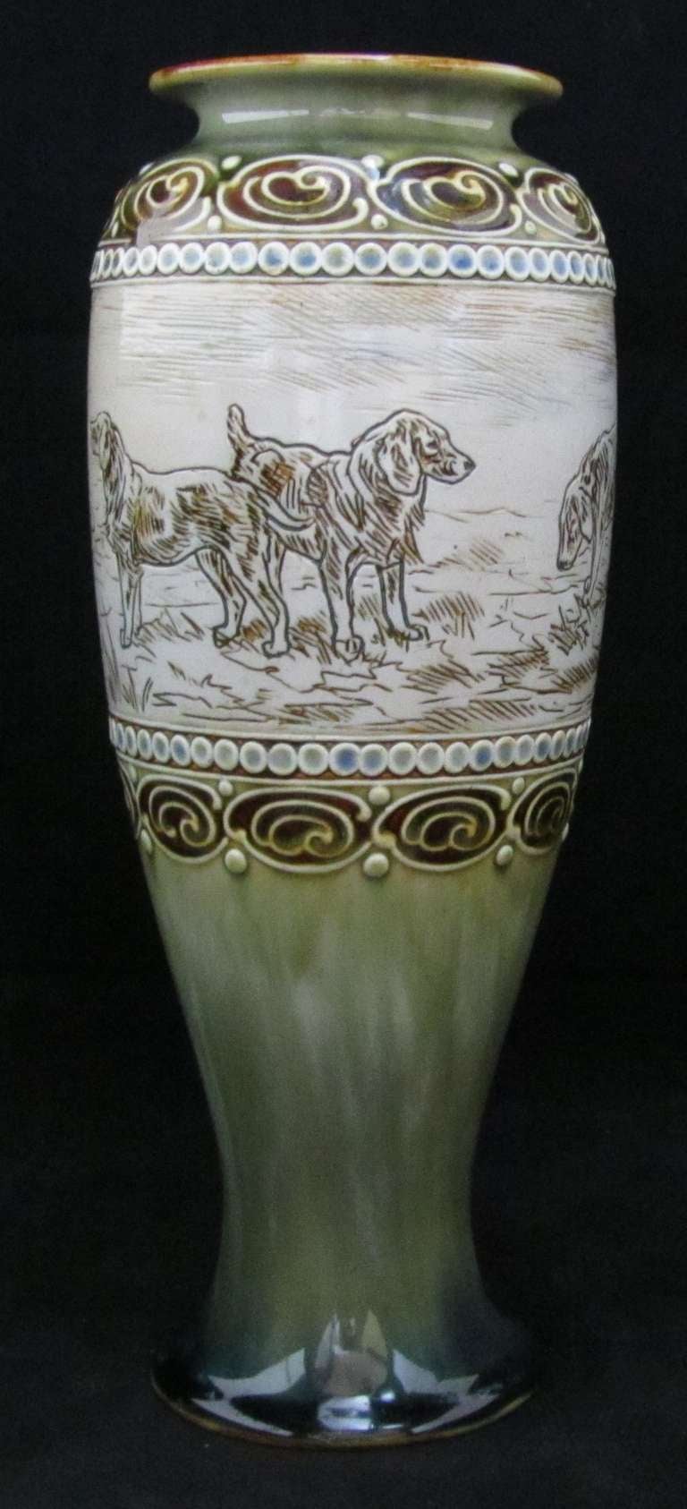 Doulton Lambeth Vase by Hannah Barlow. Decorated with 6 Dogs. Restoration to foot.