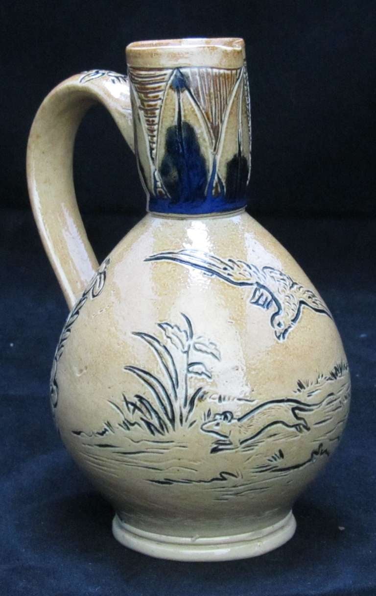 Early Doulton Lambeth Jug Decorated with a Bird of Prey hunting a Rat By Hannah Barlow.
