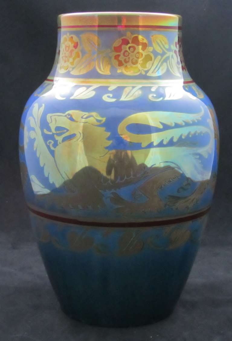 Large Pilkington's Lustre Vase decorated with heraldic Lions by William Mycock