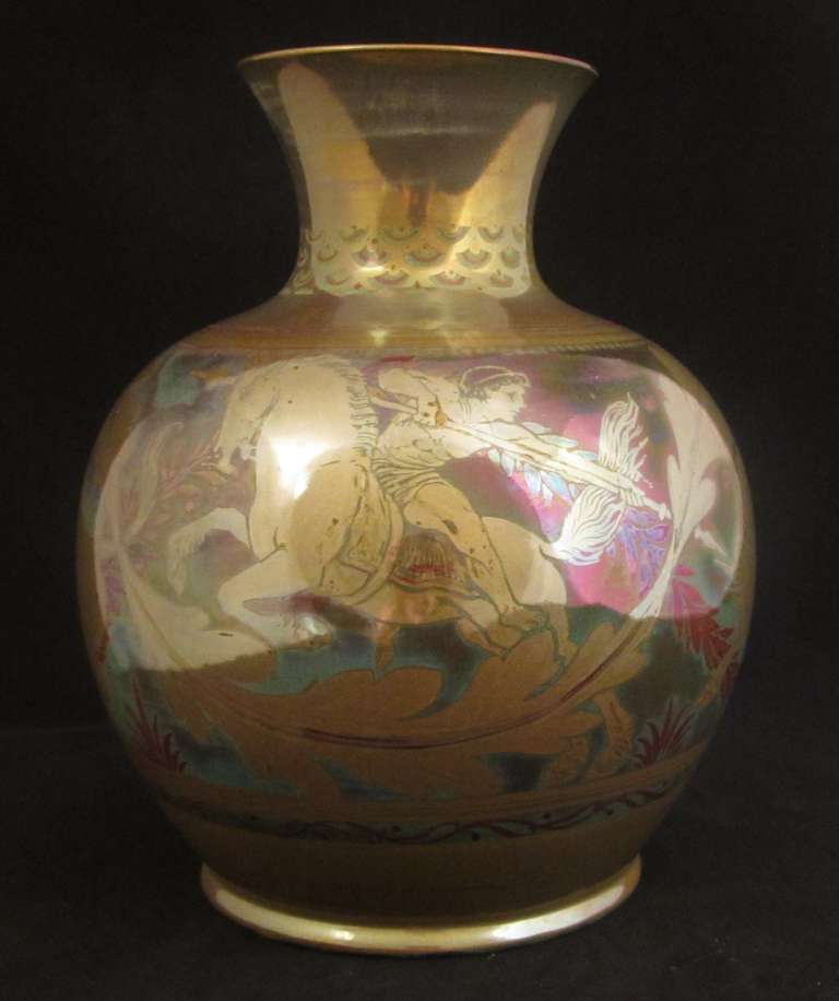 Large Pilkington's Lustre Vase decorated with Greek Warriors on Horseback hunting by Richard Joyce