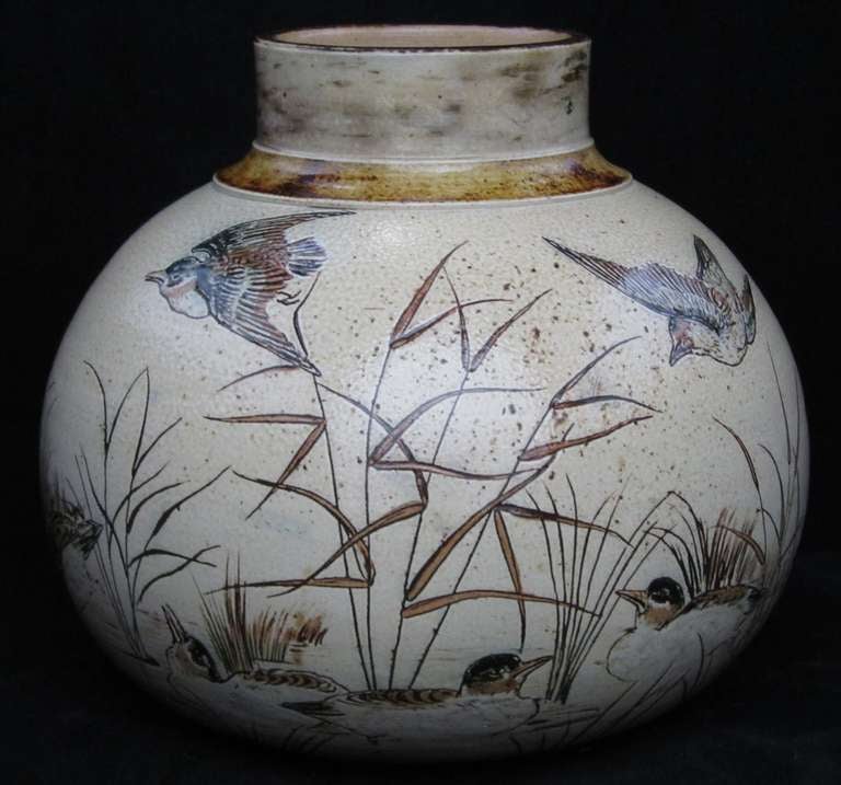 Martin Brothers Vase decorated with 13 birds amongst reeds and foliage