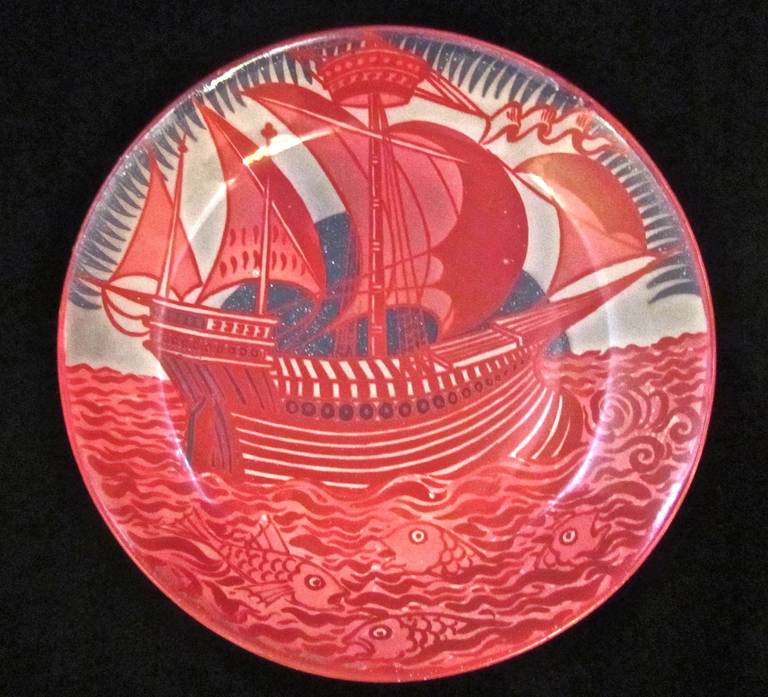 William De Morgan Ruby Lustre Charger decorated with a Galleon and Fish