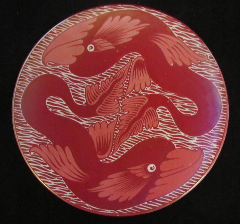 William De Morgan Ruby Lustre Plate decorated with Two fish on a Bodley and Son Blank