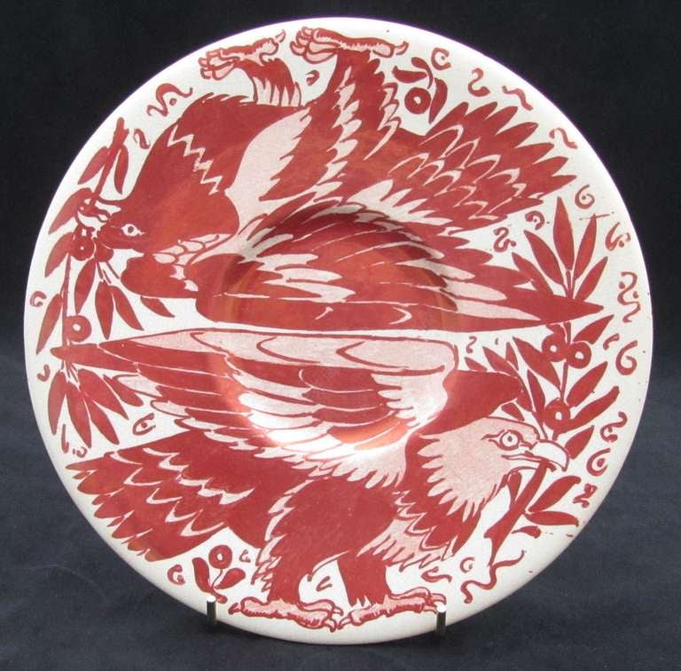 William De Morgan Ruby Lustre Plate decorated with two Eagles and Sprigs (unmarked) See plate 1256 Richard Dennis 