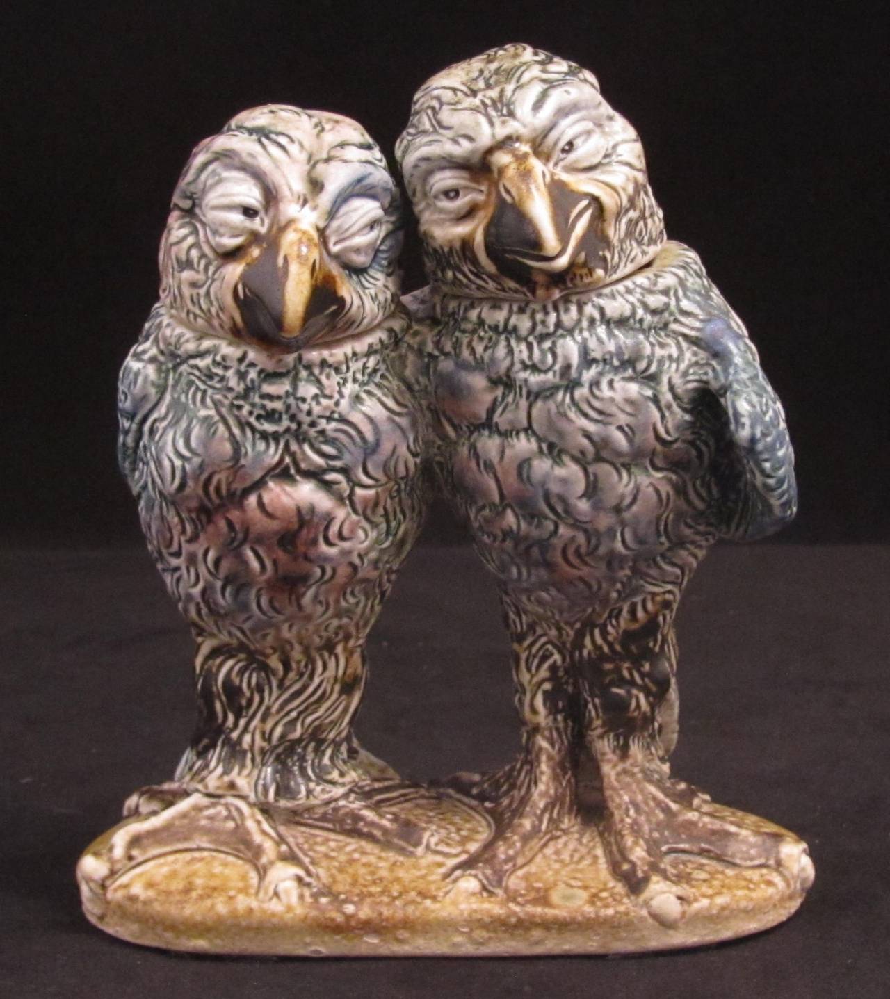 Rare Martin Brothers Double Bird Group. Tobacco jar with detachable heads modelled as two Grotesque Birds in an Embrace. Glaze pops. Undated