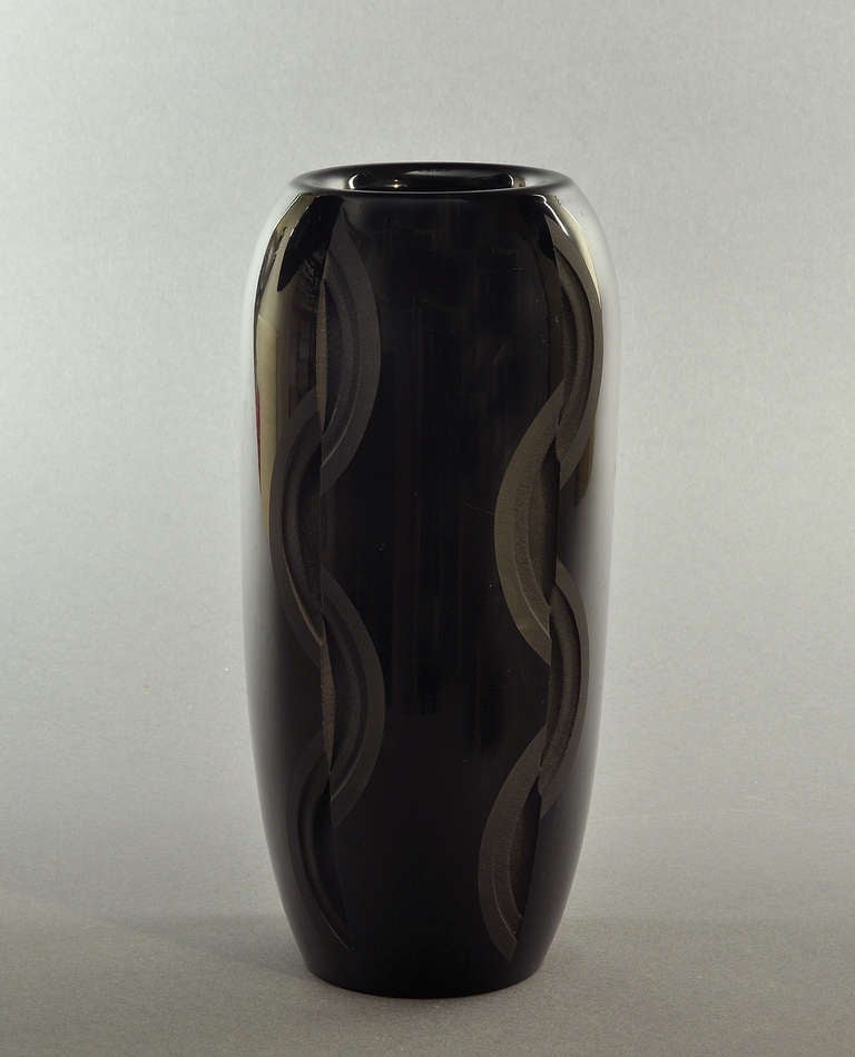 Art Deco Jean Luce Geometric Black Etched Vase Circa 1930 For Sale
