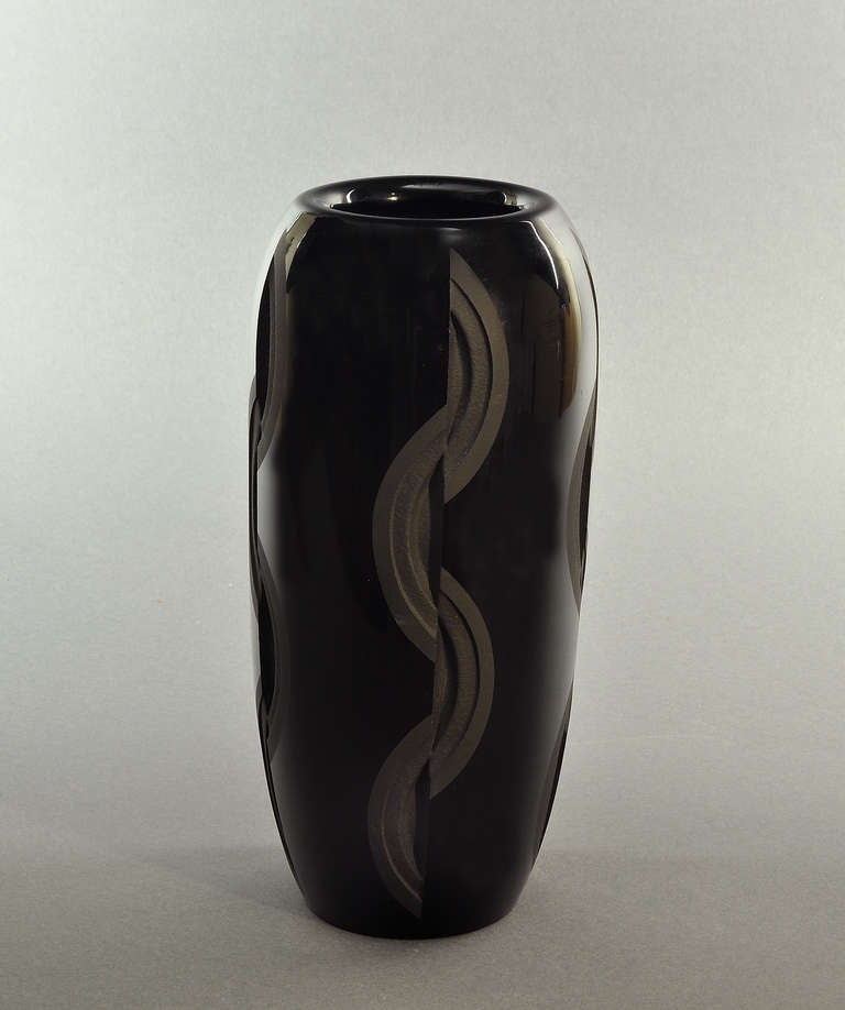 French Jean Luce Geometric Black Etched Vase Circa 1930 For Sale