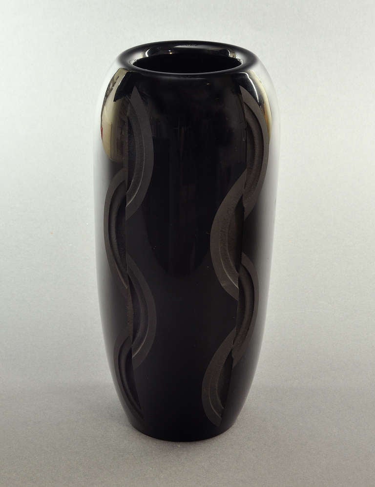 Glass Jean Luce Geometric Black Etched Vase Circa 1930 For Sale