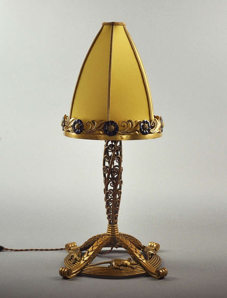 Rare Adalbert Szabo Wrought Iron & Enameled Table Lamp Circa 1920