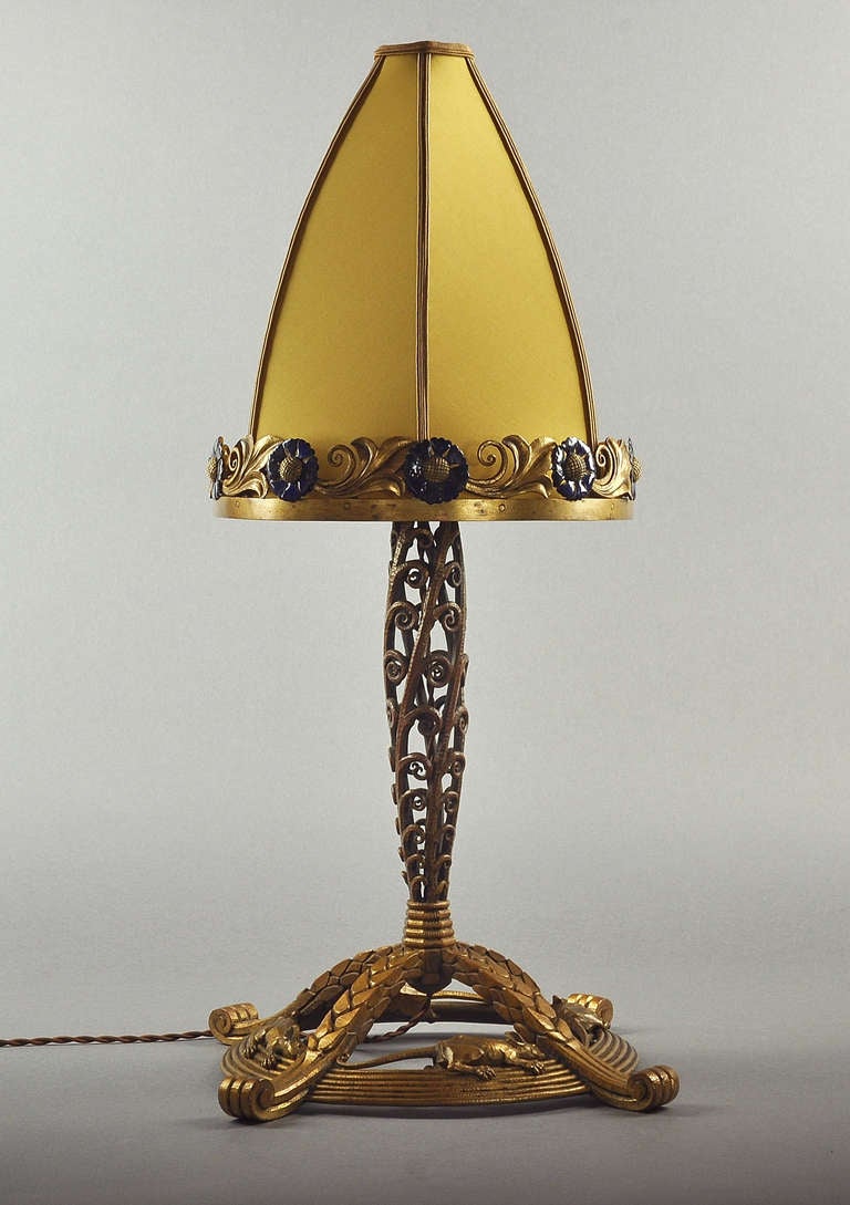 French Rare Adalbert Szabo Wrought Iron & Enameled Table Lamp Circa 1920 For Sale