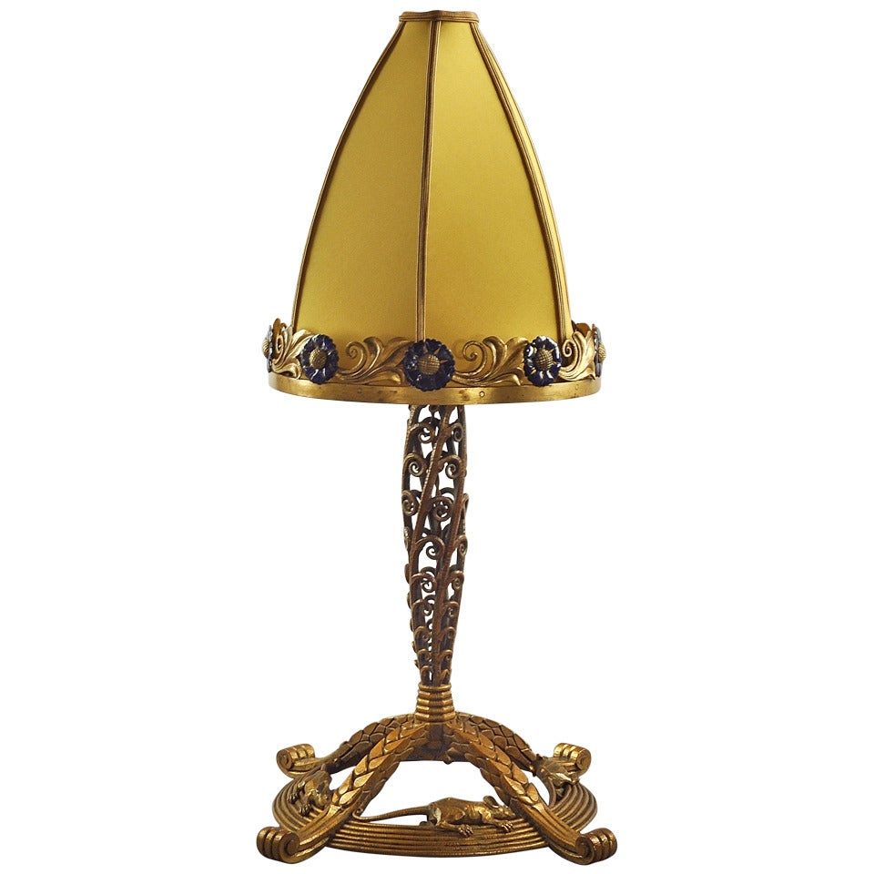 Rare Adalbert Szabo Wrought Iron & Enameled Table Lamp Circa 1920 For Sale