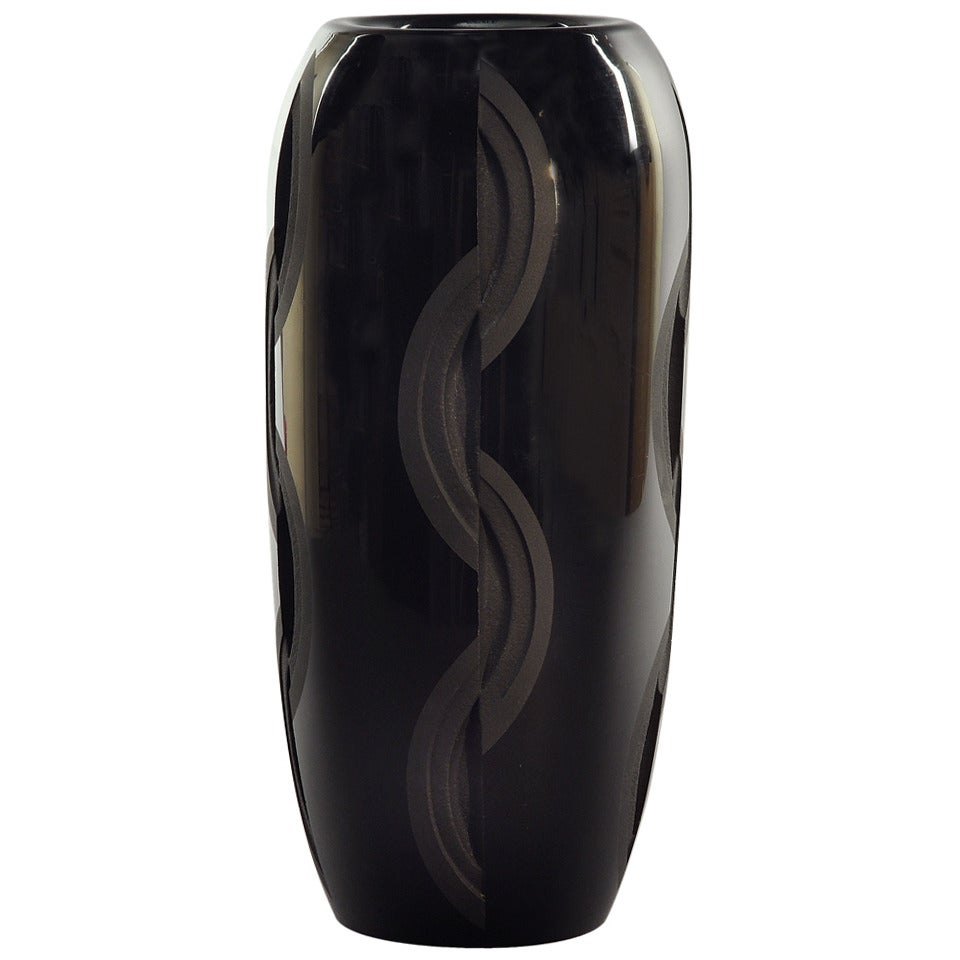 Jean Luce Geometric Black Etched Vase Circa 1930 For Sale