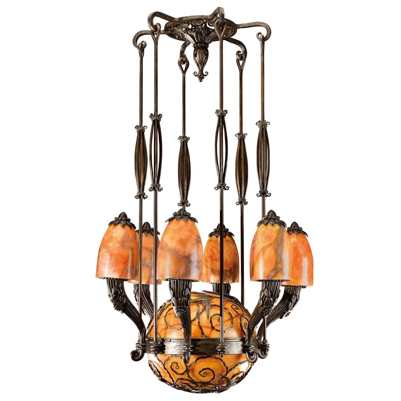 Edgar Brandt Wrought Iron and Alabaster Rare Ceiling Light, circa 1925 For Sale
