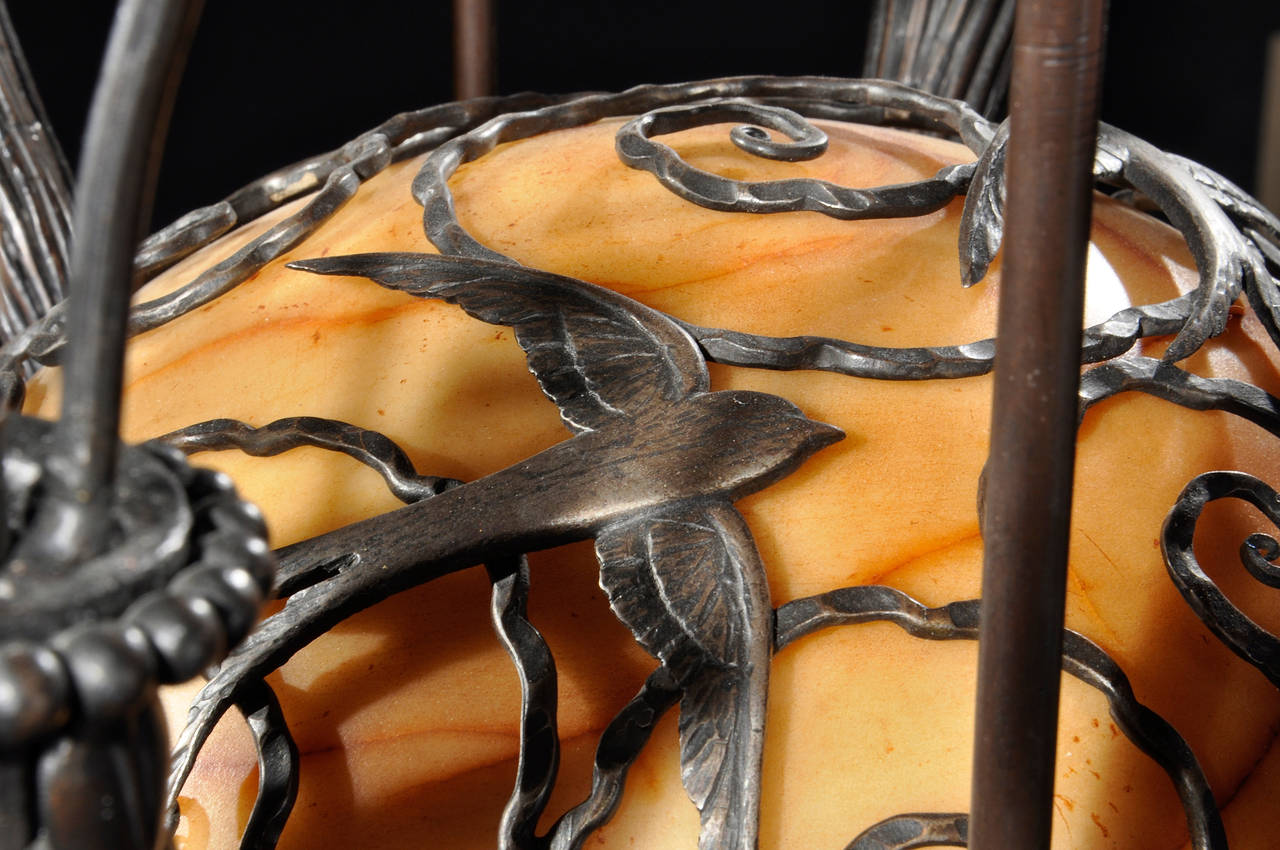 Edgar Brandt Wrought Iron and Alabaster Rare Ceiling Light, circa 1925 In Excellent Condition For Sale In Paris, FR
