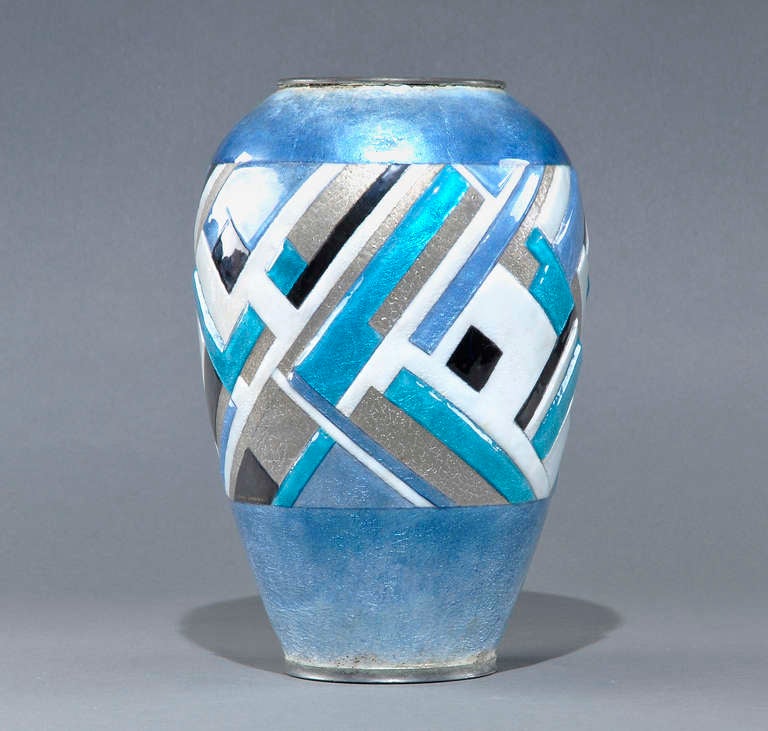 Rare and important enameled vase with a geometric pattern made circa 1930 by Camille Faur��. 

IMPORTANT NOTICE :

-	Free shipping from Paris to New York. For others destinations, please ask us.
-	All our pieces are sold with a certificate of