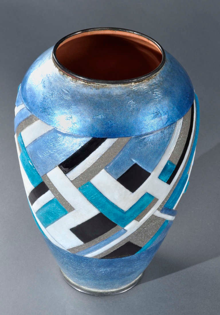 Mid-20th Century Camille Faure - Rare And Large Enameled Modernist Vase