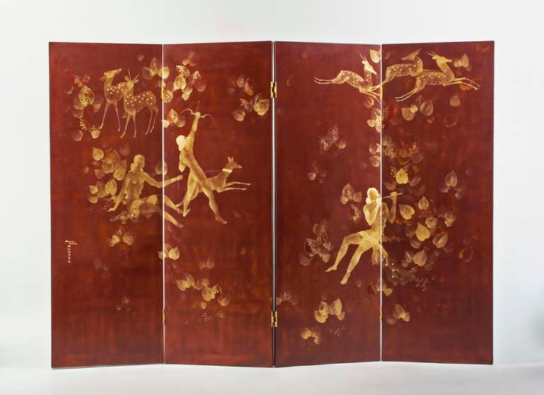 A lacquered wood four-panel floor screen. The back is lacquered in black. Signed