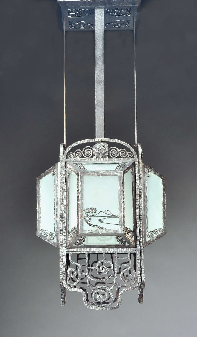 Louis Katona 1925 Rare Chandelier in Wrought Iron