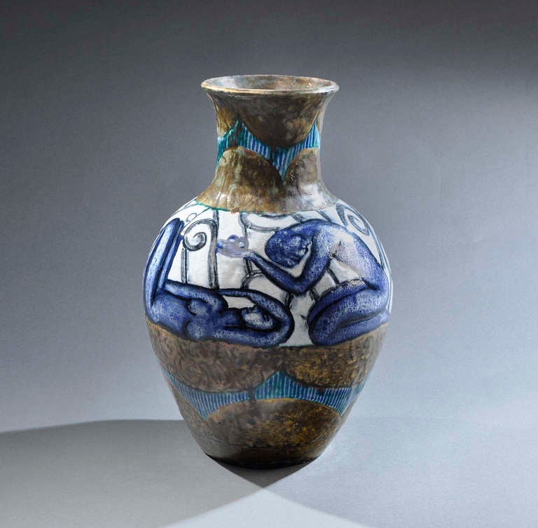An exceptional and important baluster shape glazed earthenware vase with a frieze of blue figures. Signed «Cazaux». Circa 1930.

Literature: Mireille Cazaux-Charon, Yvonne Brunhammer, 