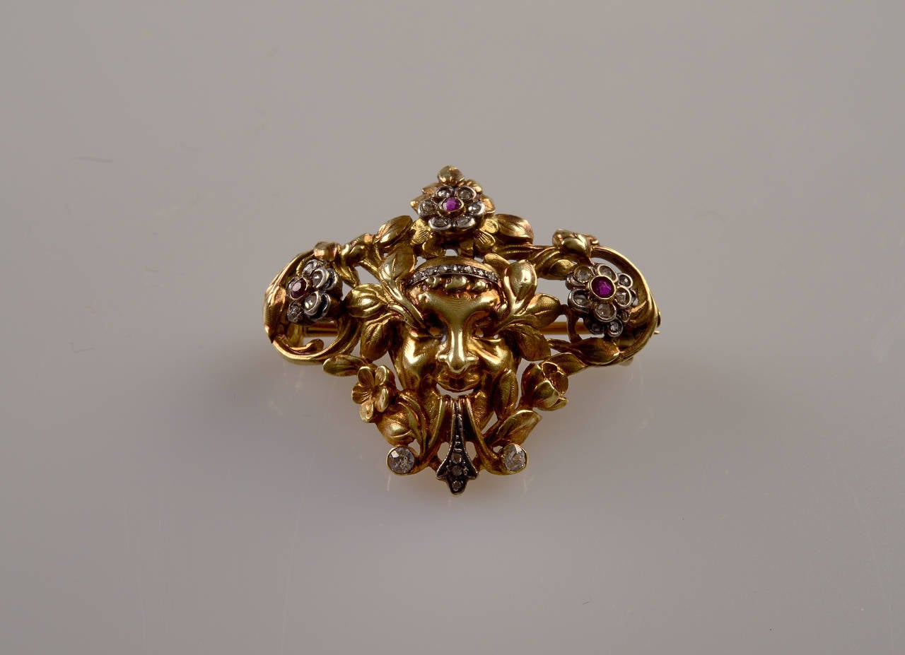 French Rare Frederic Boucheron Gold Diamonds and Pink Sapphire Brooch, circa 1880 For Sale