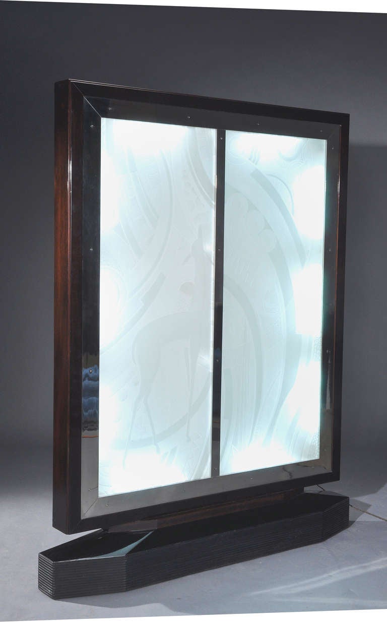 Gaetan Jeannin - Rare Illuminated Screen in Etched Glass - Ca. 1930 In Good Condition For Sale In Paris, FR