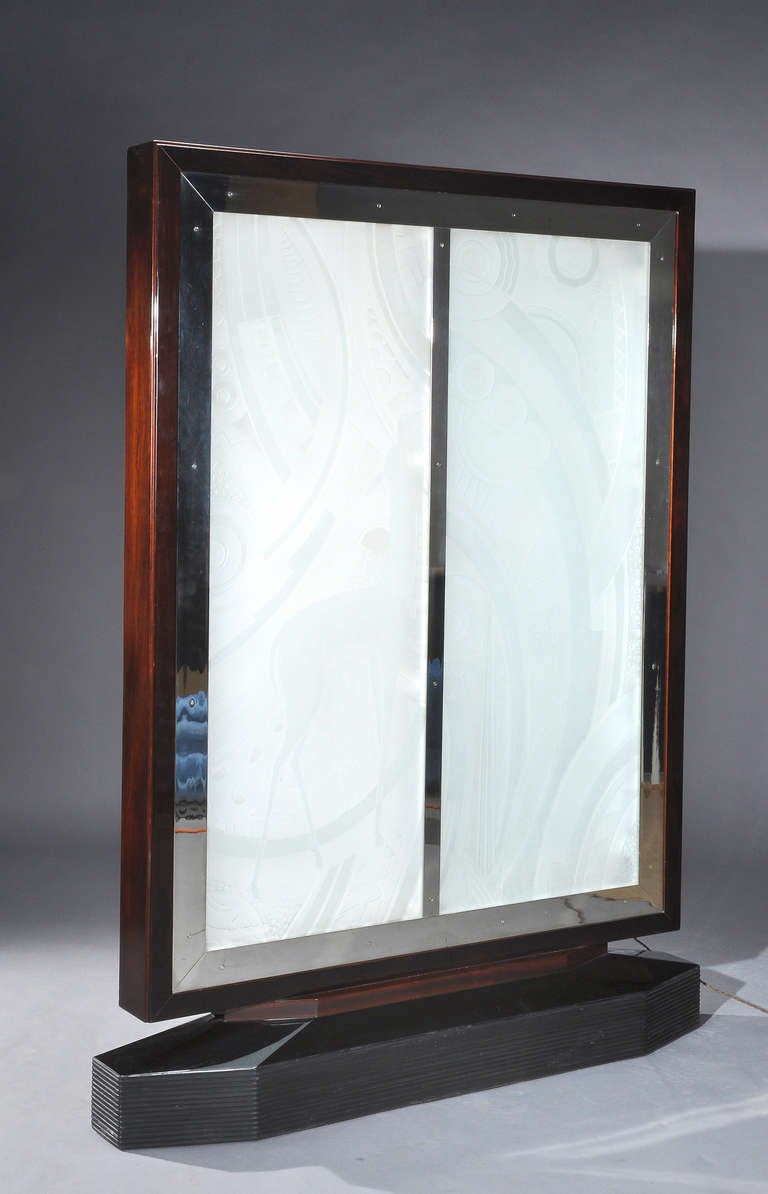 Art Deco Gaetan Jeannin - Rare Illuminated Screen in Etched Glass - Ca. 1930 For Sale