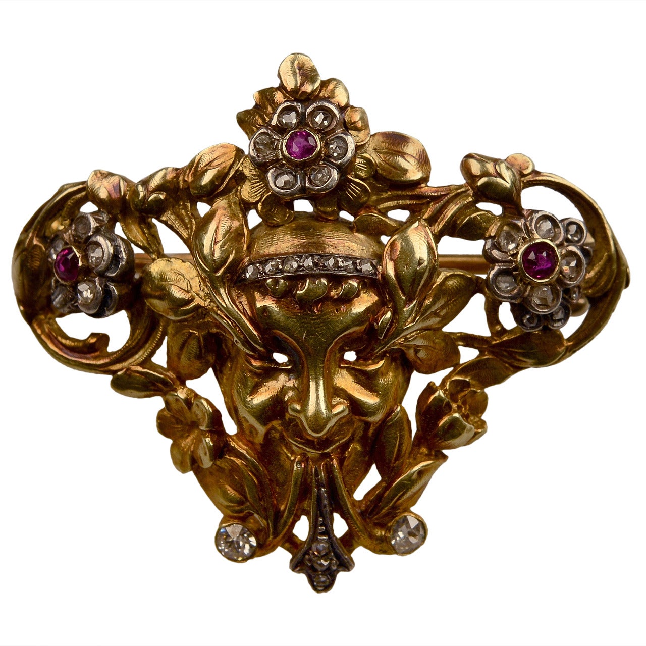 Rare Frederic Boucheron Gold Diamonds and Pink Sapphire Brooch, circa 1880 For Sale