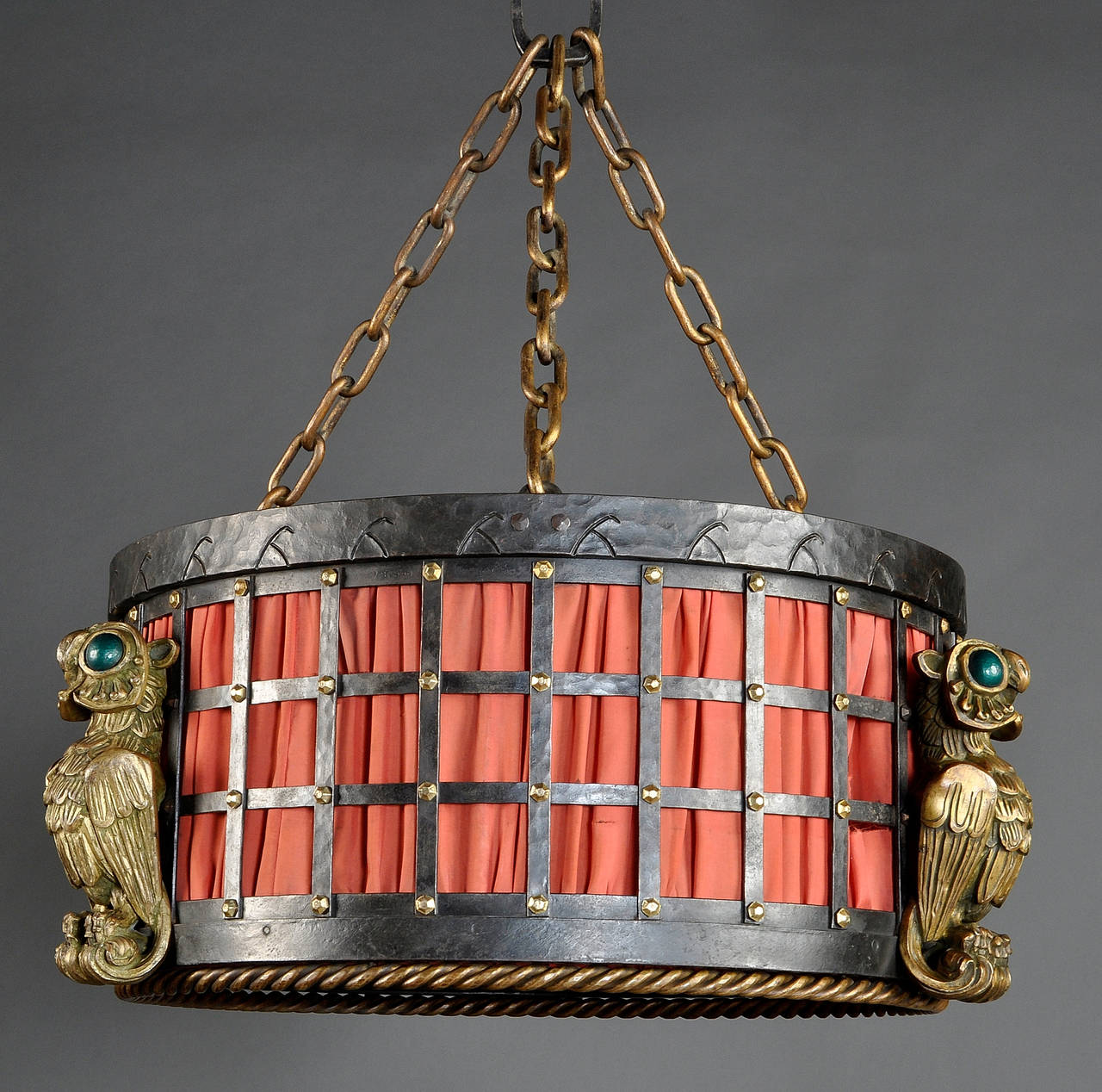 Early 20th Century Adalbert Szabo Rare Wrought Iron and Bronze Ceiling Light, circa 1925