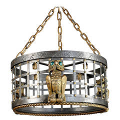 Adalbert Szabo Rare Wrought Iron and Bronze Ceiling Light, circa 1925