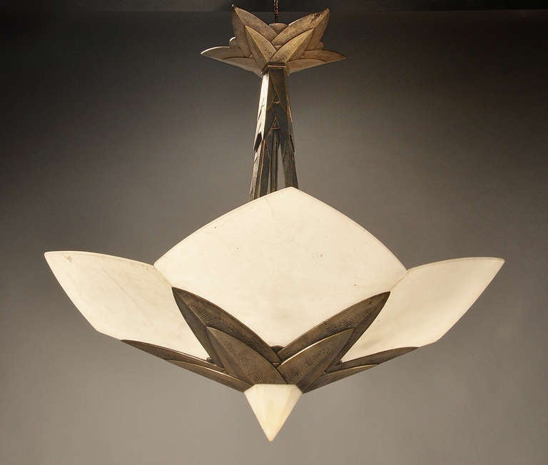 Albert Cheuret Art Deco silvered patinated bronze and alabaster ceiling light model 